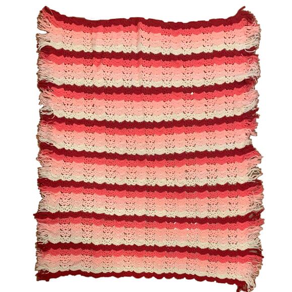Crochet Afghan Throw Blanket Handmade 61 x 48 Pink White Red Gradient Stripe - Picture 7 of 8